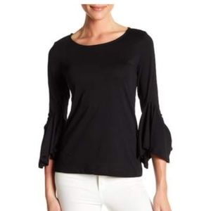 Boatneck 3/4 length ruffle sleeve top in black